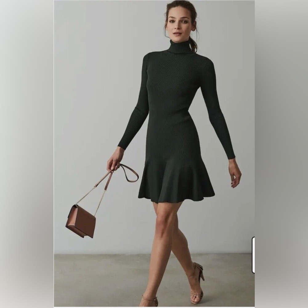 REISS Mini Dress Size Small Dark Green Fit Flare Stretch Knit Turtleneck
